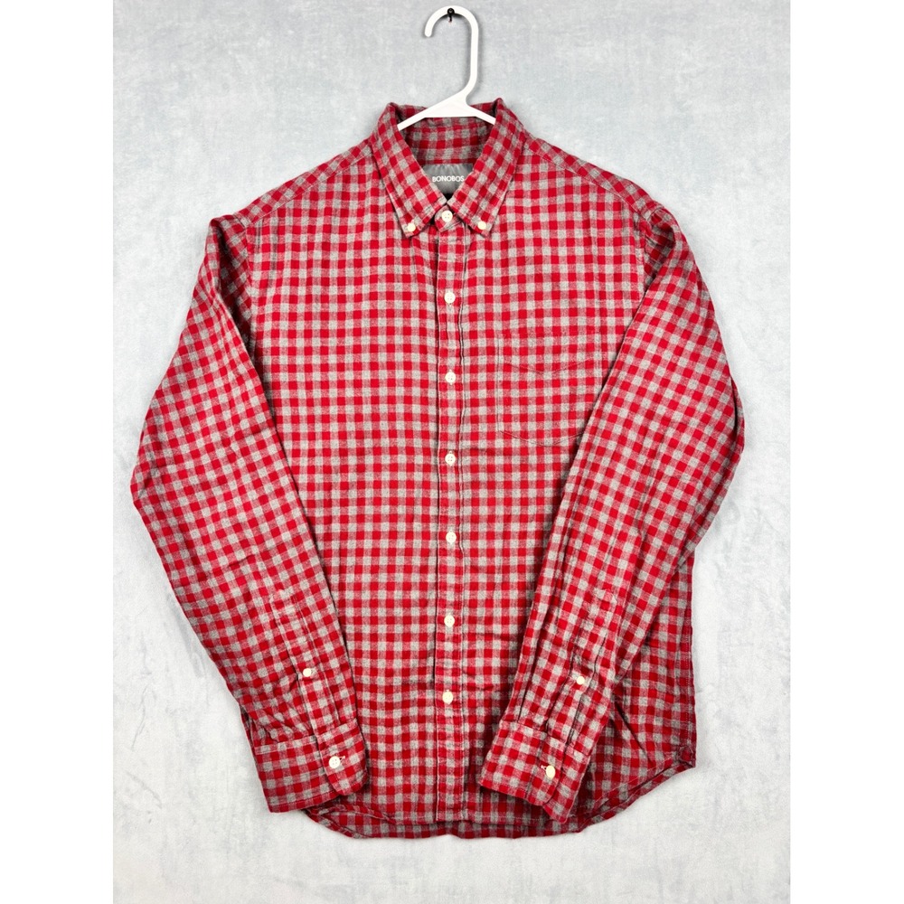 Bonobos Mens Standard Fit Gingham Flannel Shirt Red Grey Check Medium